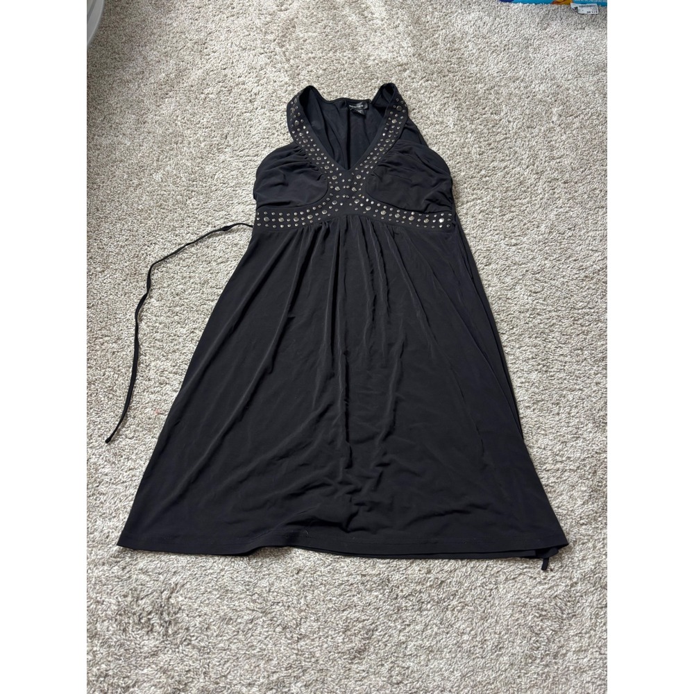 Spense Black Studded V-Neck Empire Waist Sleeveless Cocktail Dress Size 8